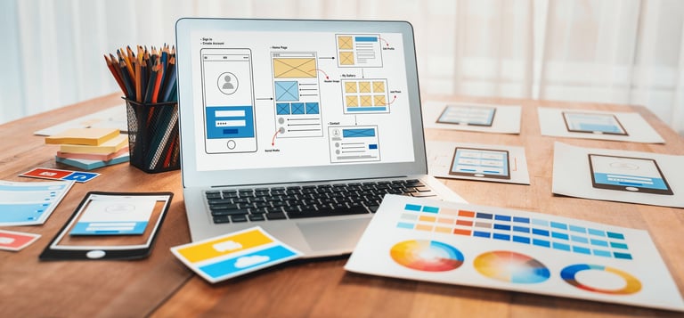 Digital wireframe designs on laptop